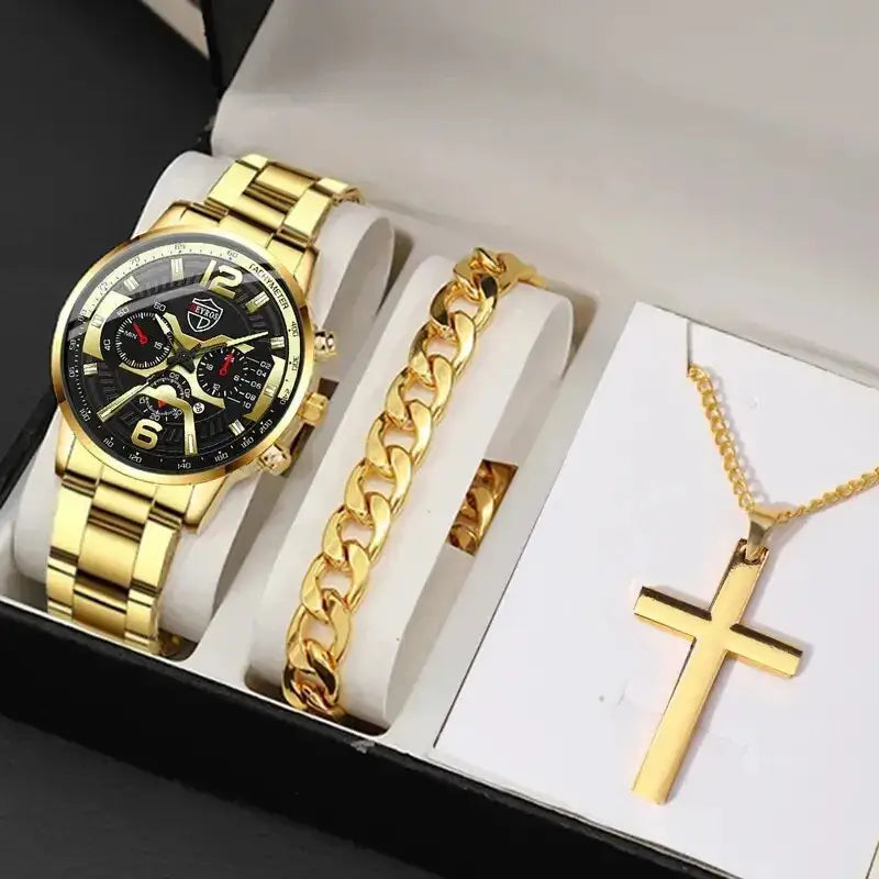 5PCS Set DEYROS Fashion Mens Calendar Watches Men Business Stainless Steel Quartz Wristwatch Male Casual Necklace Bracelet Watch Gold Black