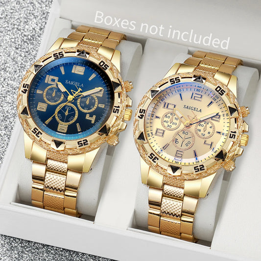 Men'S Business Watches F Arabic Dial Steel Band Male's Quartz Watch Set (Without Box） Gold Gold + Blue Dial