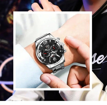 5PCS Set DEYROS Fashion Mens Calendar Watches Men Business Stainless Steel Quartz Wristwatch Male Casual Necklace Bracelet Watch