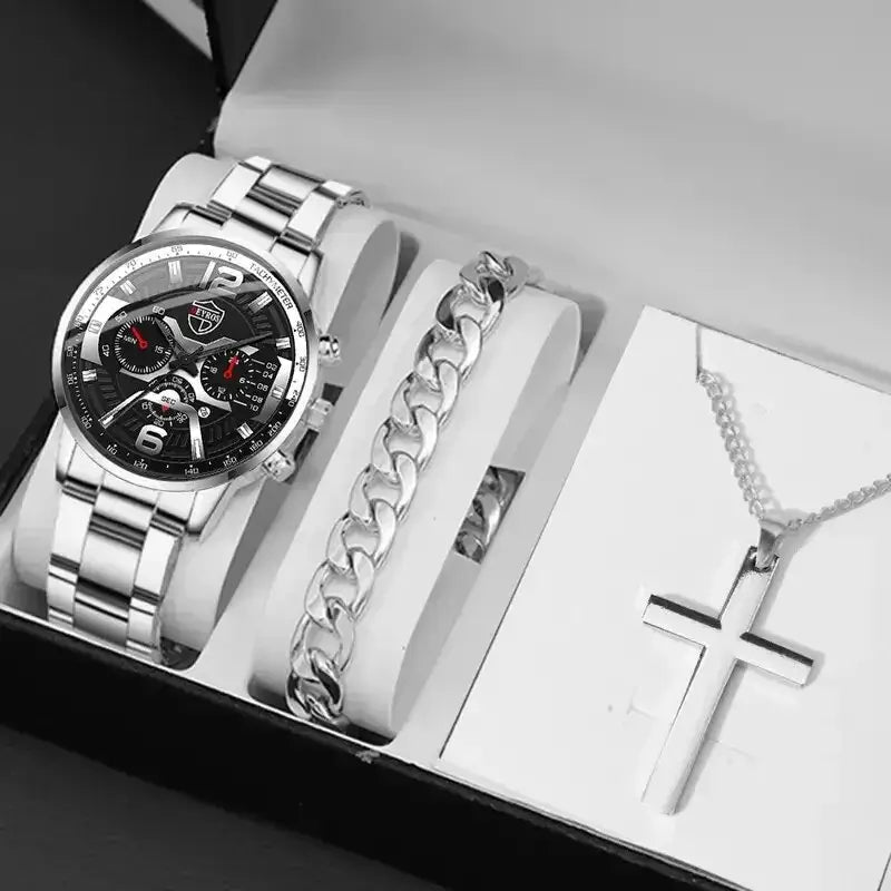 5PCS Set DEYROS Fashion Mens Calendar Watches Men Business Stainless Steel Quartz Wristwatch Male Casual Necklace Bracelet Watch Silver Black