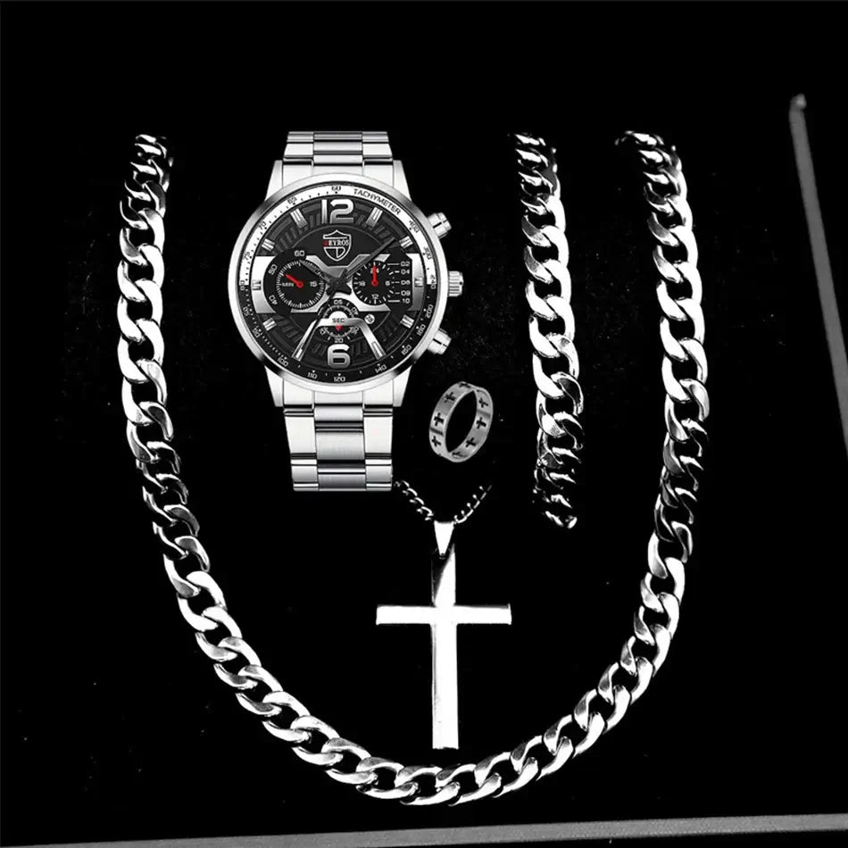 5PCS Set DEYROS Fashion Mens Calendar Watches Men Business Stainless Steel Quartz Wristwatch Male Casual Necklace Bracelet Watch