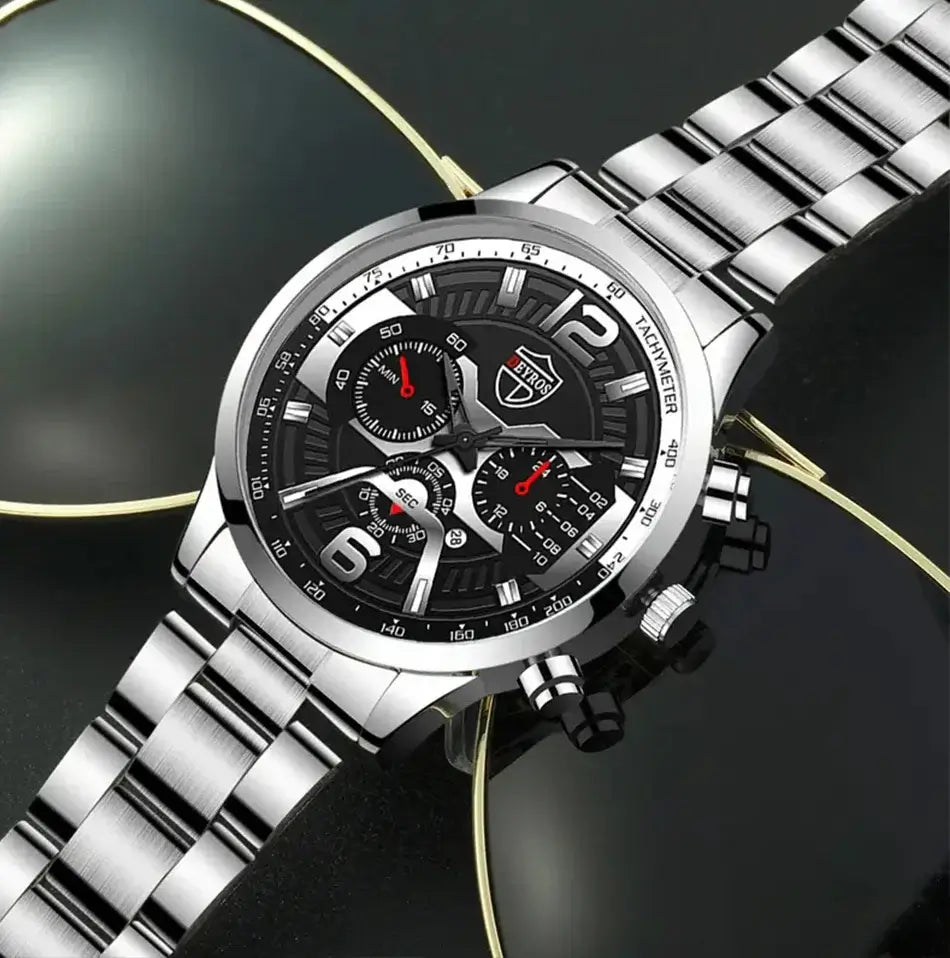 5PCS Set DEYROS Fashion Mens Calendar Watches Men Business Stainless Steel Quartz Wristwatch Male Casual Necklace Bracelet Watch