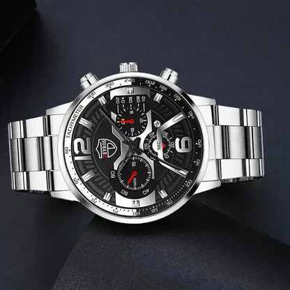 5PCS Set DEYROS Fashion Mens Calendar Watches Men Business Stainless Steel Quartz Wristwatch Male Casual Necklace Bracelet Watch