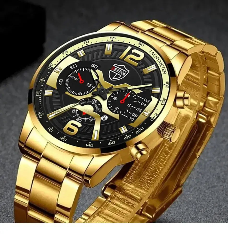 5PCS Set DEYROS Fashion Mens Calendar Watches Men Business Stainless Steel Quartz Wristwatch Male Casual Necklace Bracelet Watch