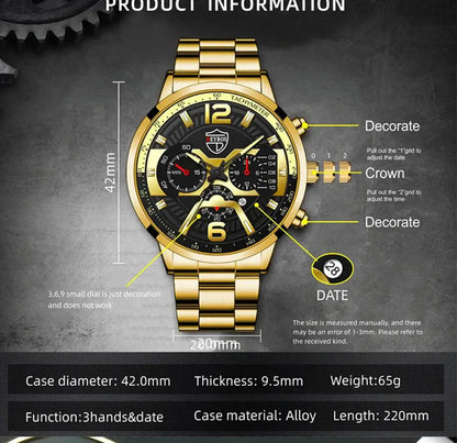 5PCS Set DEYROS Fashion Mens Calendar Watches Men Business Stainless Steel Quartz Wristwatch Male Casual Necklace Bracelet Watch