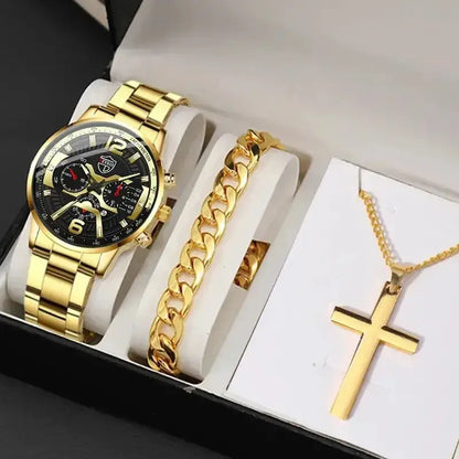 5PCS Set DEYROS Fashion Mens Calendar Watches Men Business Stainless Steel Quartz Wristwatch Male Casual Necklace Bracelet Watch Gold Black