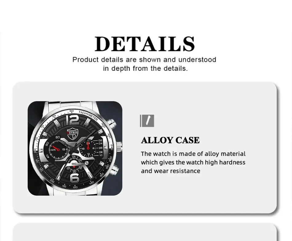 5PCS Set DEYROS Fashion Mens Calendar Watches Men Business Stainless Steel Quartz Wristwatch Male Casual Necklace Bracelet Watch