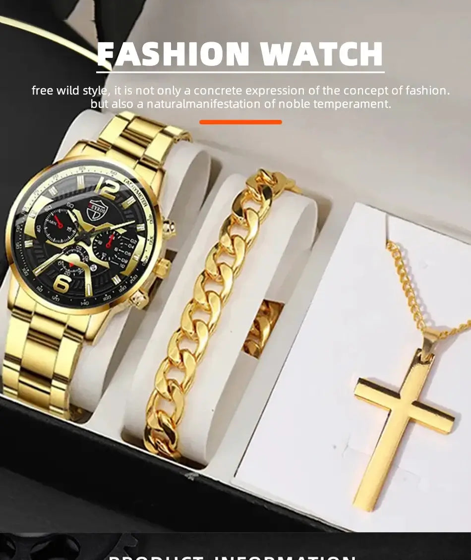 5PCS Set DEYROS Fashion Mens Calendar Watches Men Business Stainless Steel Quartz Wristwatch Male Casual Necklace Bracelet Watch